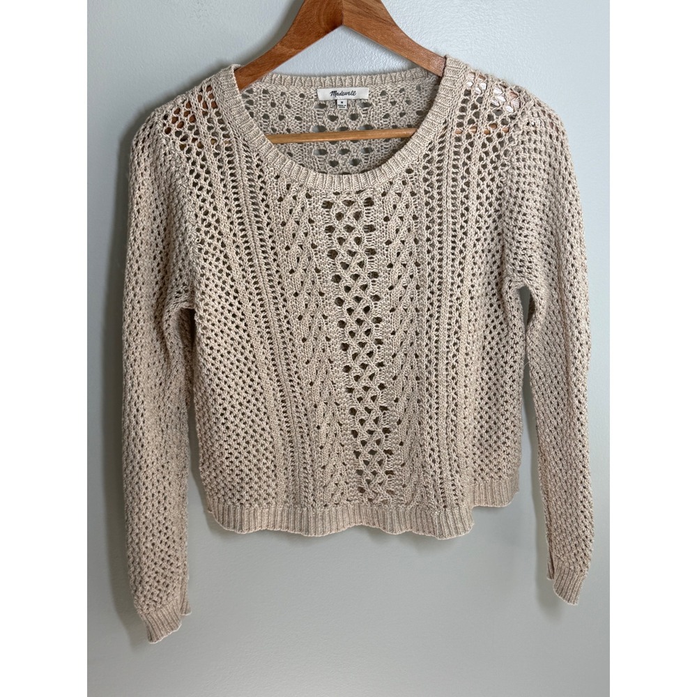 Madewell Womens Medium Open Knit Crochet Sweater Beige Long Sleeve Pullover